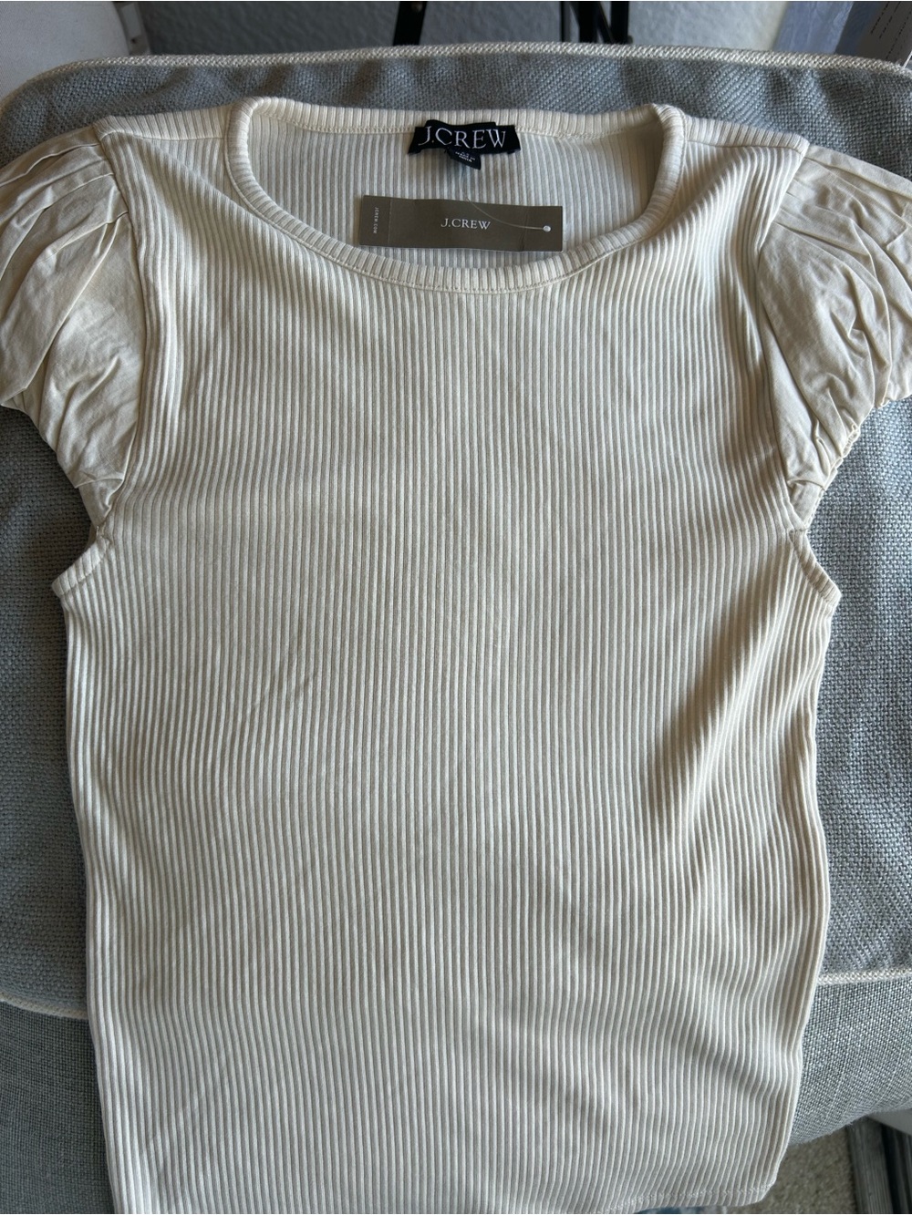 J. Crew Cream Ribbed Puff-Sleeve Short Sleeve Top